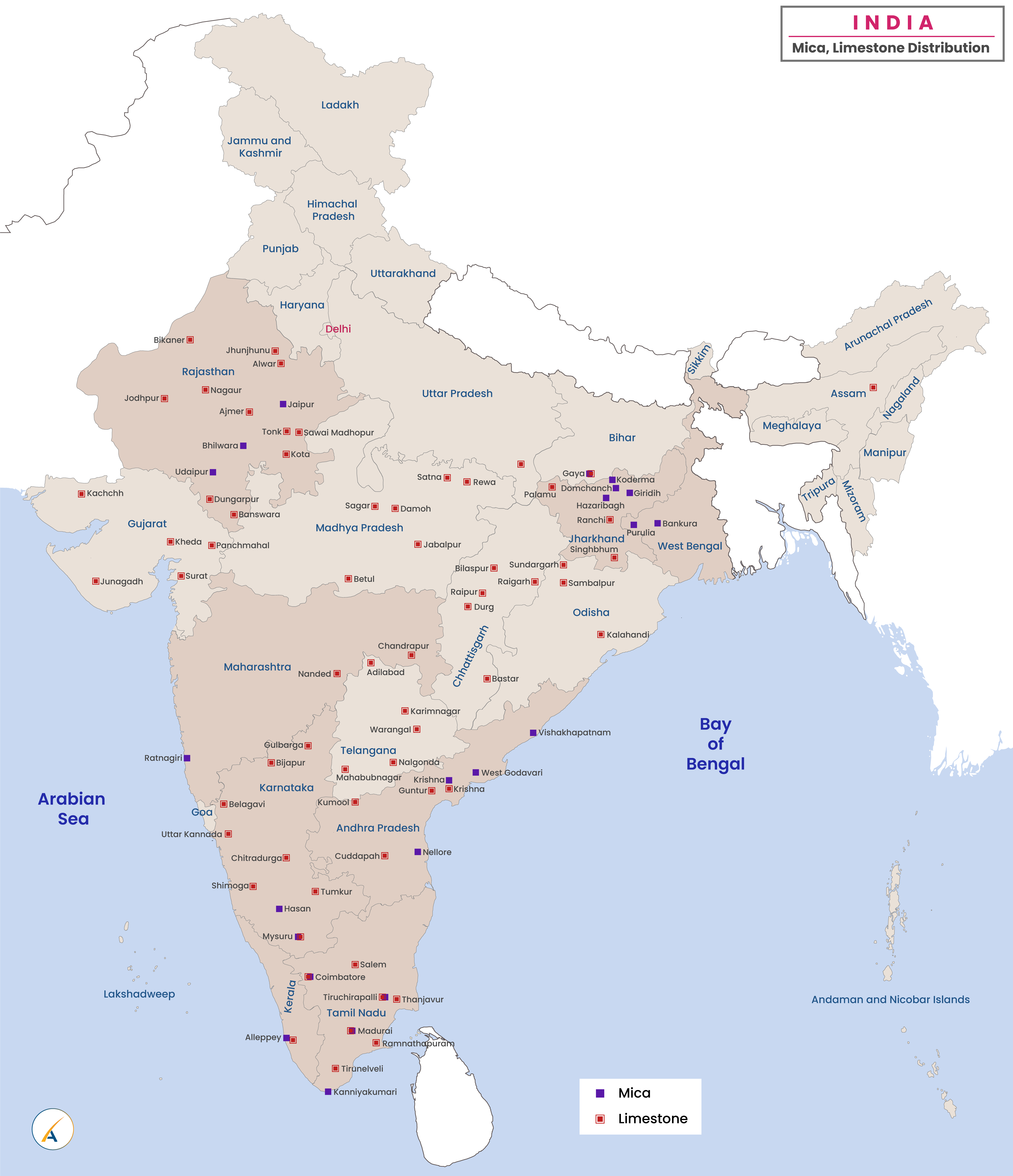 Mica, Limestone distribution in India Map