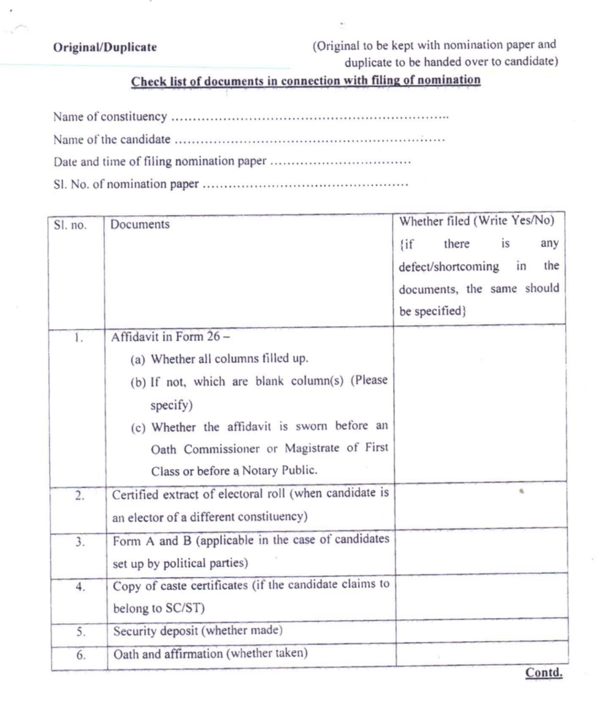 Checklist of documents required
