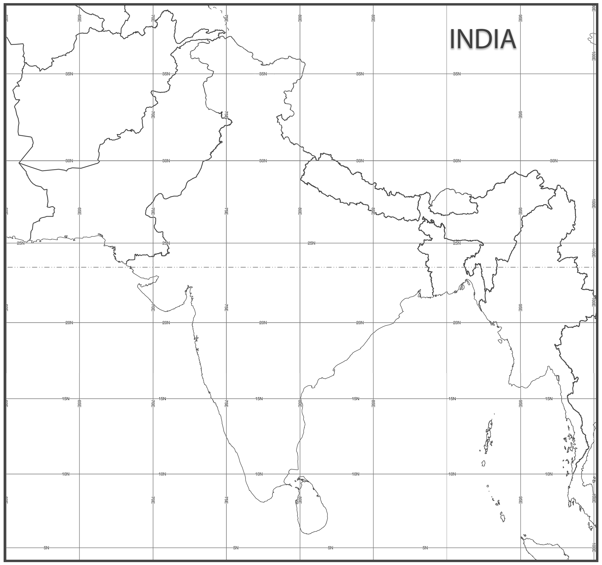 India Blank Map with Latitudes and Longitudes