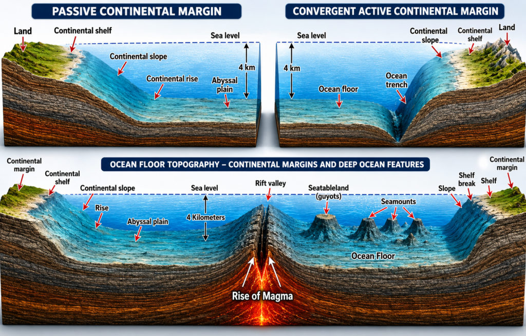 Ocean floor topography and continental margins