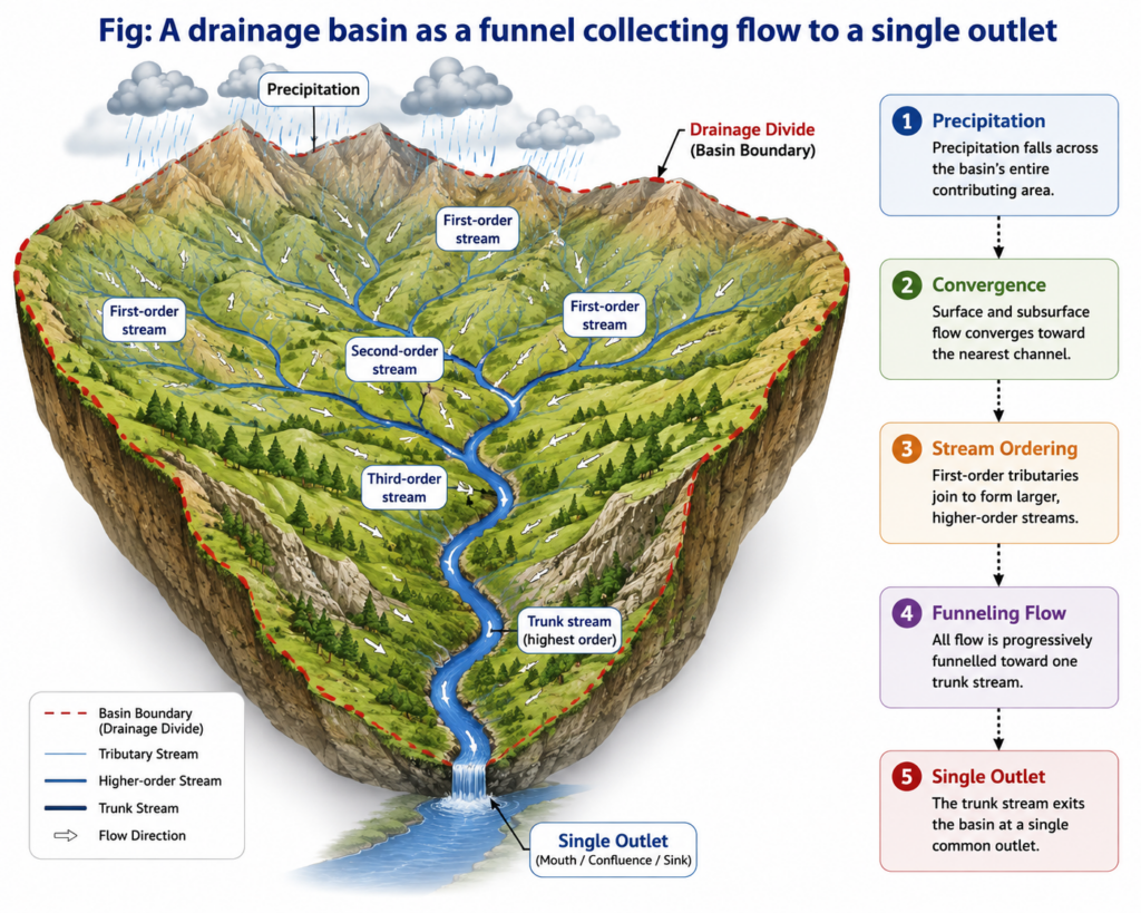 A drainage basin as a funnel collecting flow to a single outlet
