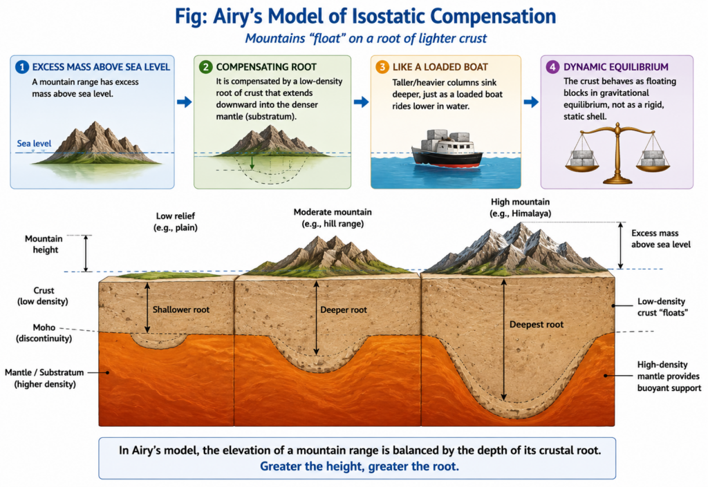 Airy's model of isostatic compensation — mountains "float" on a root of lighter crust