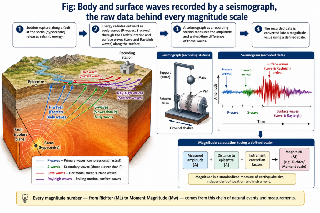 Body and surface waves recorded by a seismograph, the raw data behind every magnitude scale
