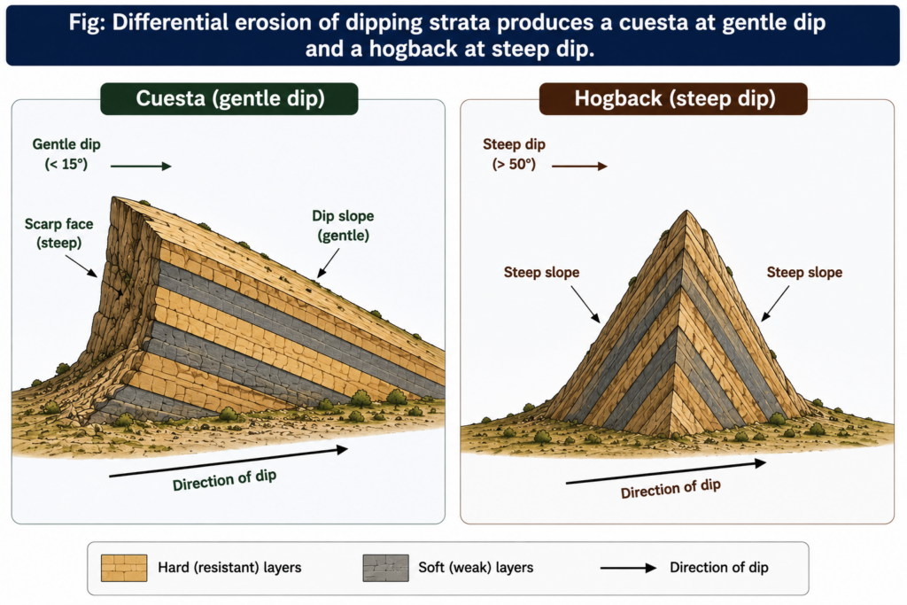 Cuesta and Hogback Landforms Diagram