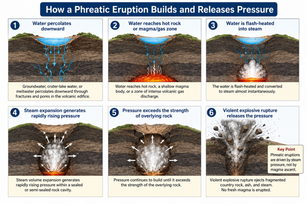 How a phreatic eruption builds and releases pressure