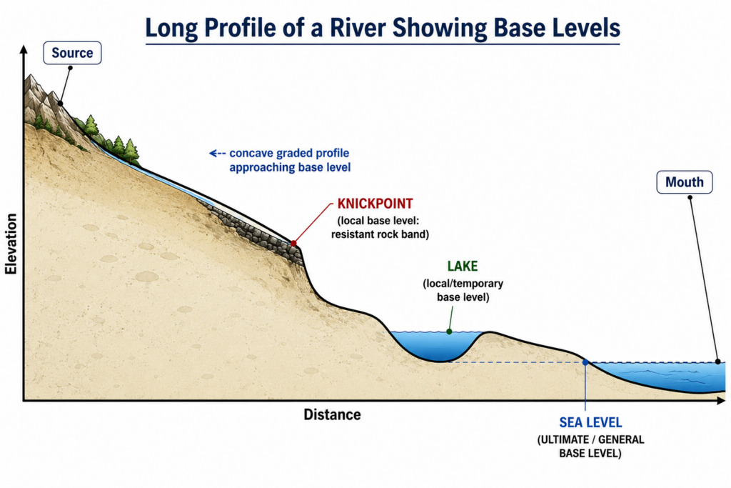 Long profile of a river showing base levels