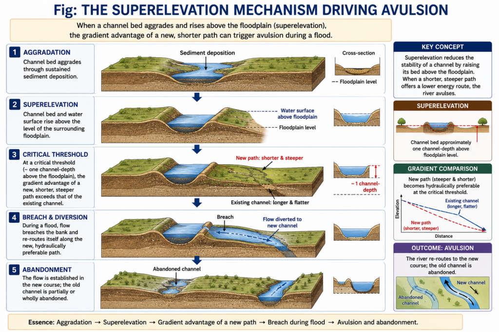 The superelevation mechanism driving avulsion