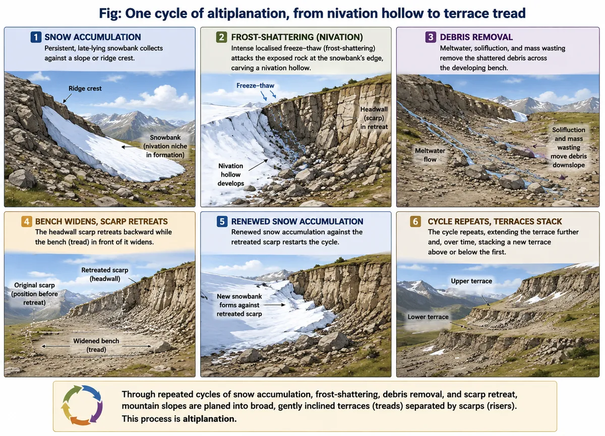 Six panels showing a snowbank, frost shattering in a nivation hollow, debris removal, scarp retreat, renewed snow and stacked altiplanation terraces.