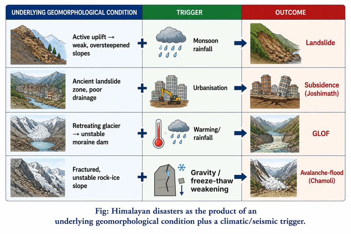 Table pairing Himalayan geomorphic conditions with triggers such as monsoon rain, urbanisation, warming and freeze-thaw, and outcomes from landslide to Chamoli flood.