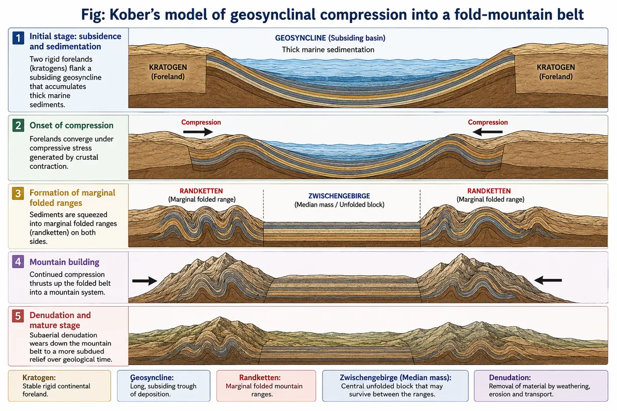 Five stages of Kober's model: kratogens flank a geosyncline, compression forms Randketten around a Zwischengebirge, then mountains rise and are denuded.