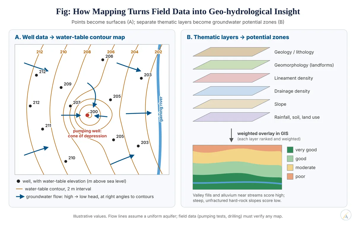 Left: well water levels contoured into a water-table map with flow arrows and a cone of depression; right: thematic GIS layers overlaid into groundwater potential zones.
