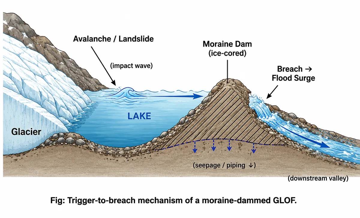Cross-section of a glacial lake behind an ice-cored moraine dam, with an avalanche impact wave, seepage and piping, and a breach sending a flood downstream.