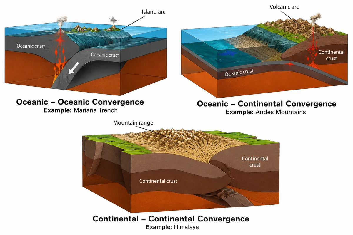 Block diagrams of ocean–ocean, ocean–continent and continent–continent convergence, with Mariana Trench, Andes and Himalaya as examples.