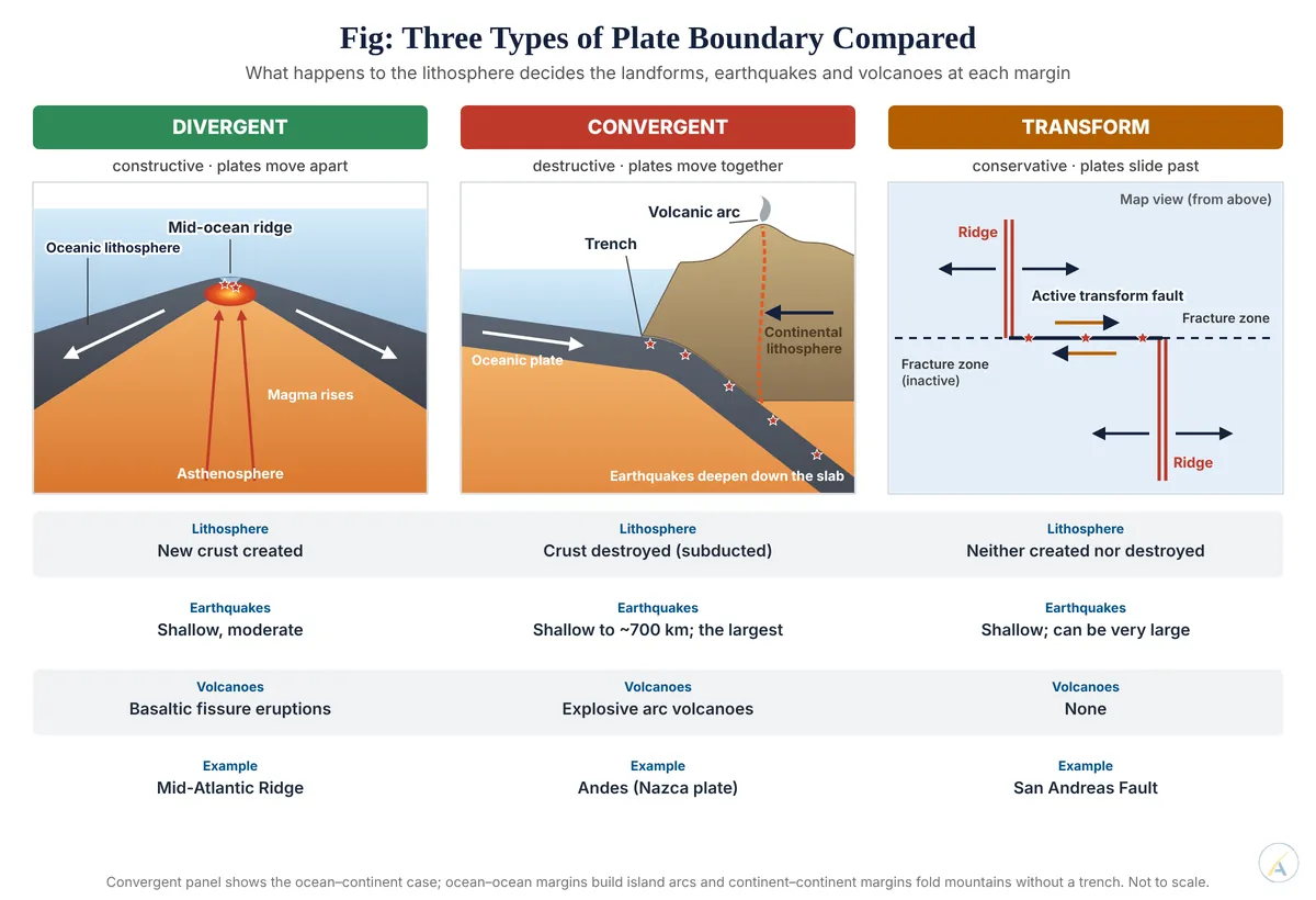 Divergent ridge, ocean–continent subduction zone and ridge-offsetting transform fault compared by crust fate, earthquakes, volcanoes and examples.