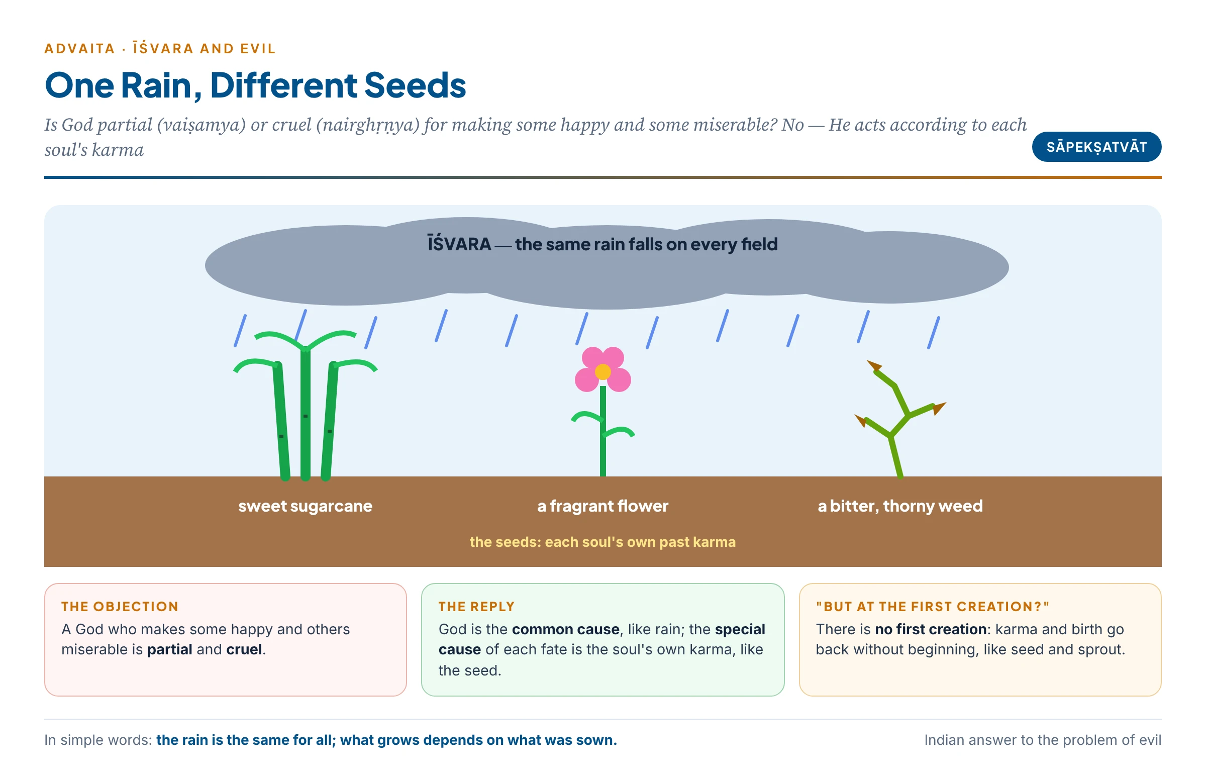 The rain and the seeds: the same rain falls on every field, but sugarcane grows from one seed and a bitter weed from another — God is the common cause, each soul's karma decides the fruit