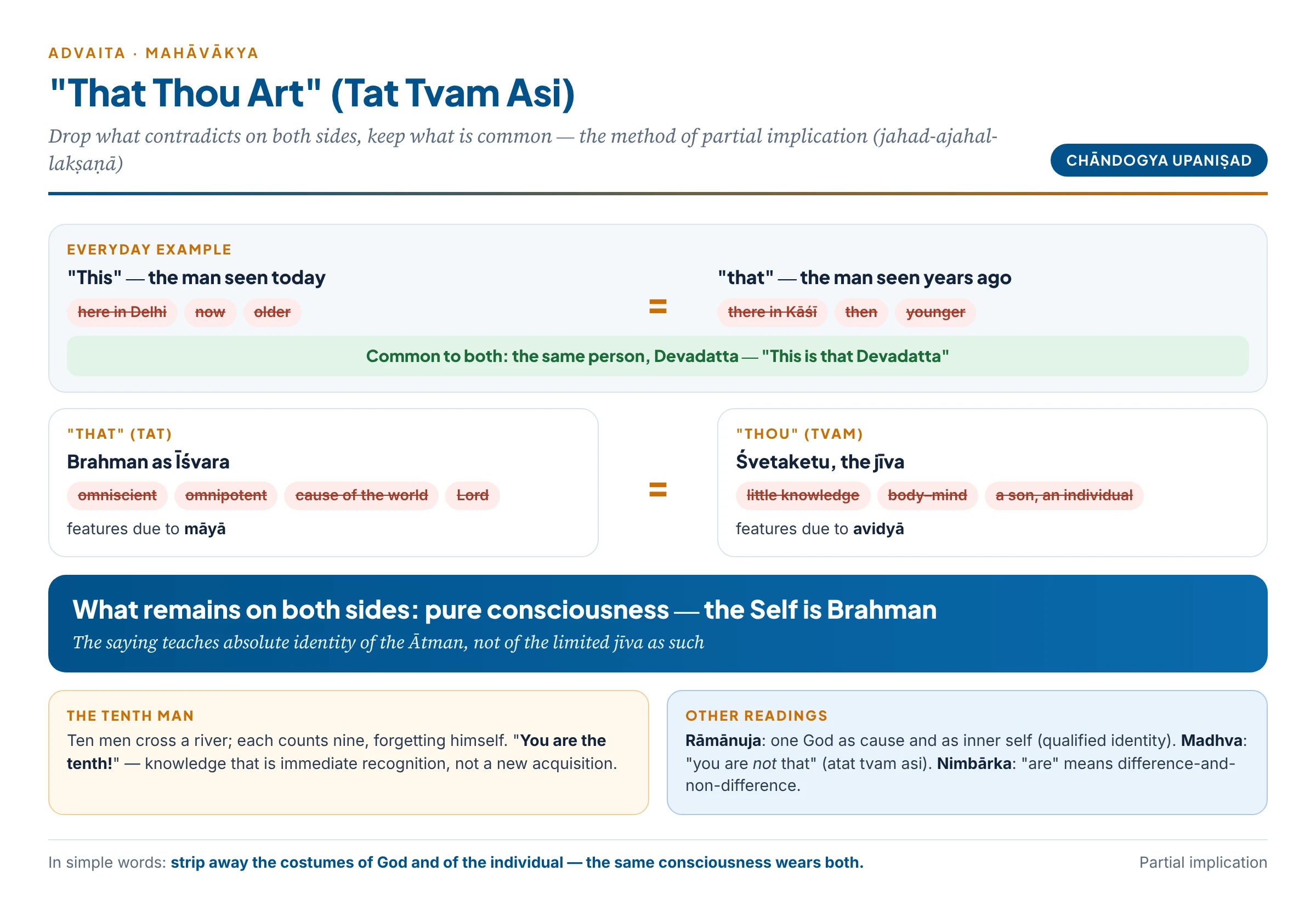 Tat tvam asi by partial implication: from "That" the features of lordship are dropped, from "thou" the features of individuality are dropped, and the common pure consciousness is identified — as in "this is that Devadatta"