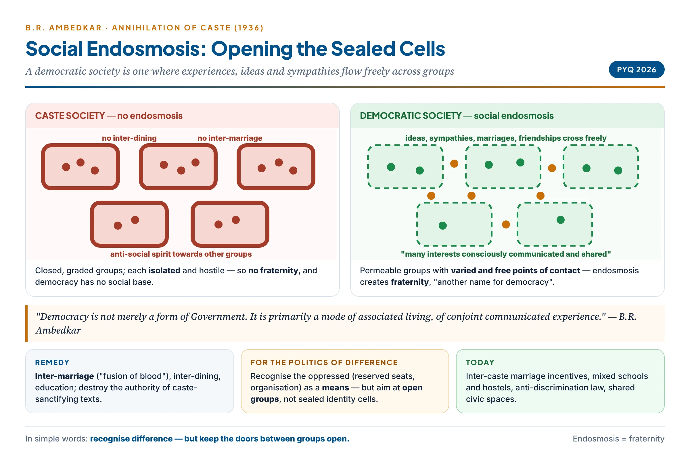 Ambedkar's social endosmosis: caste groups drawn as sealed cells with no exchange, beside a society of permeable cells where ideas, sympathies, marriage and shared life flow freely — the basis of fraternity and democracy