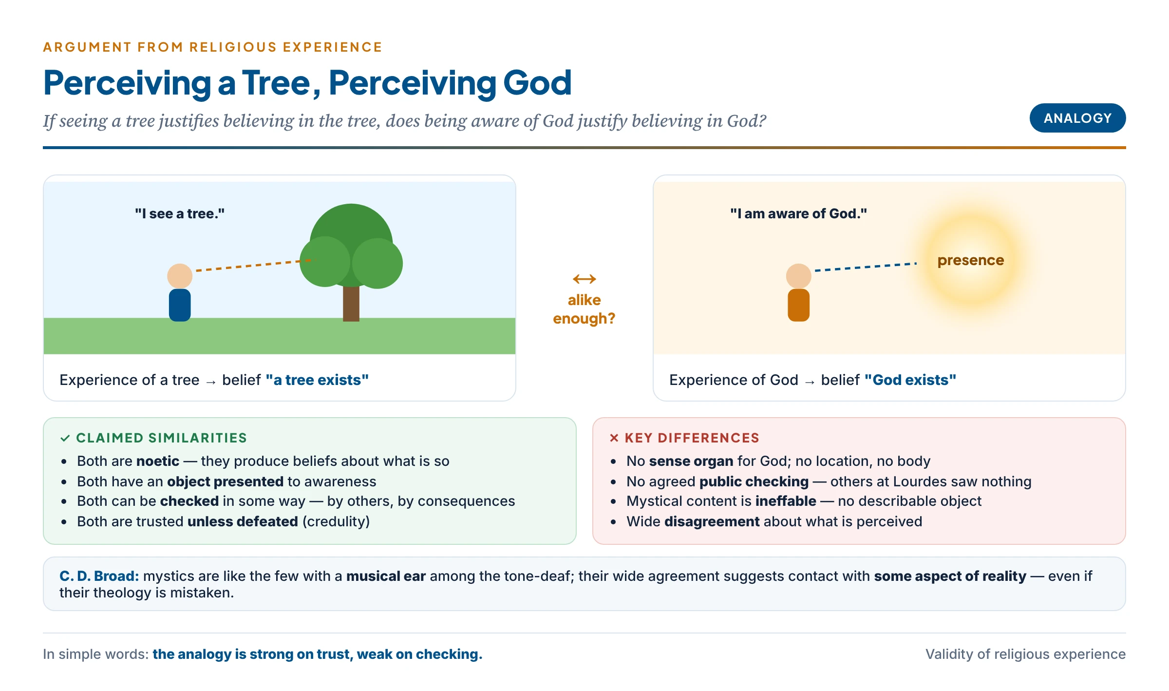 The argument from analogy: on one side a person seeing a tree and believing a tree exists; on the other a person aware of God and believing God exists; the claimed similarities — noetic, an object presented, some checking — and the key differences — no sense organ, no public checking, ineffable content, wide disagreement