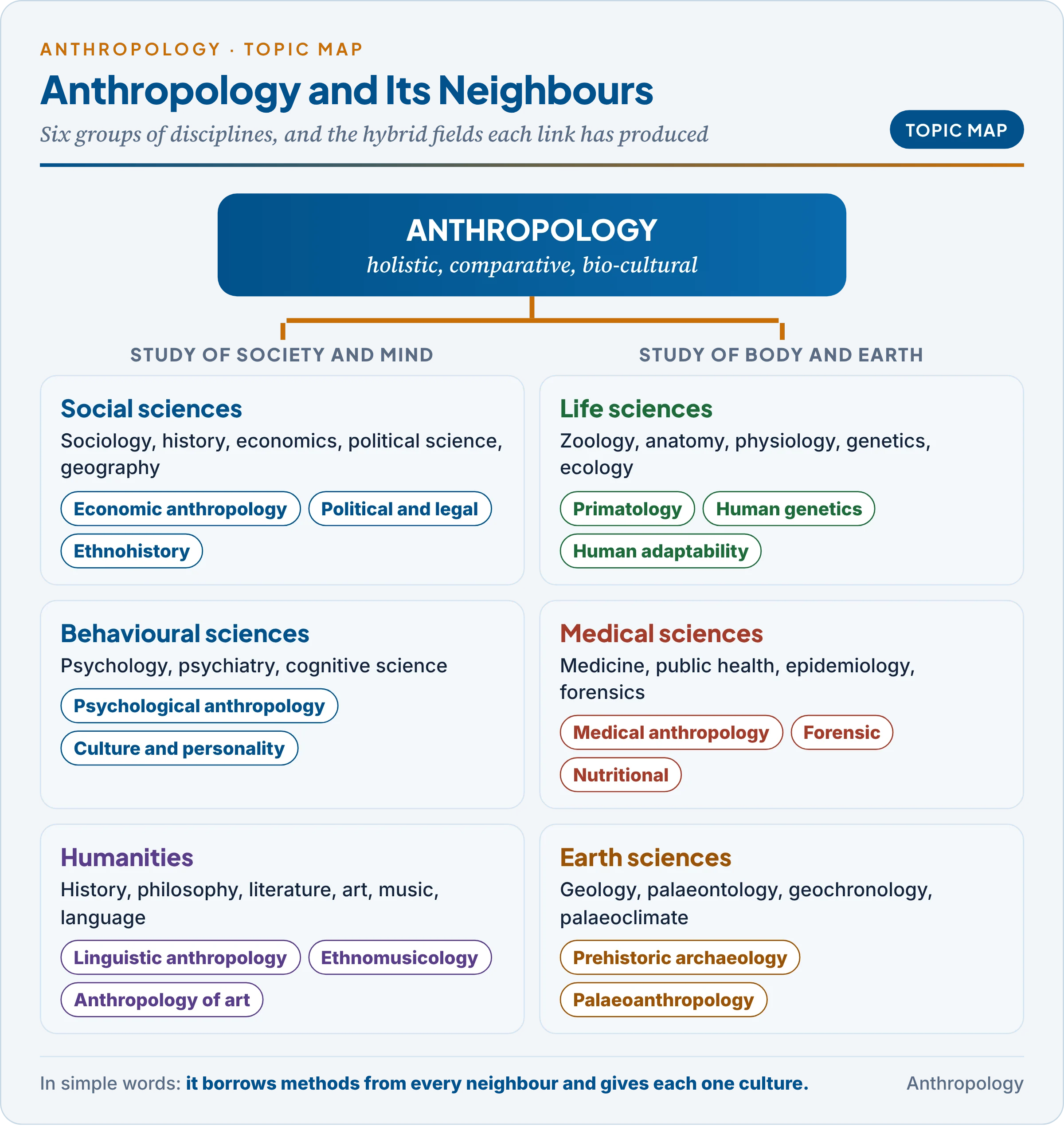 Topic map: anthropology at the centre, linked to the social sciences, behavioural sciences, life sciences, medical sciences, earth sciences and humanities, with the hybrid fields each link has produced