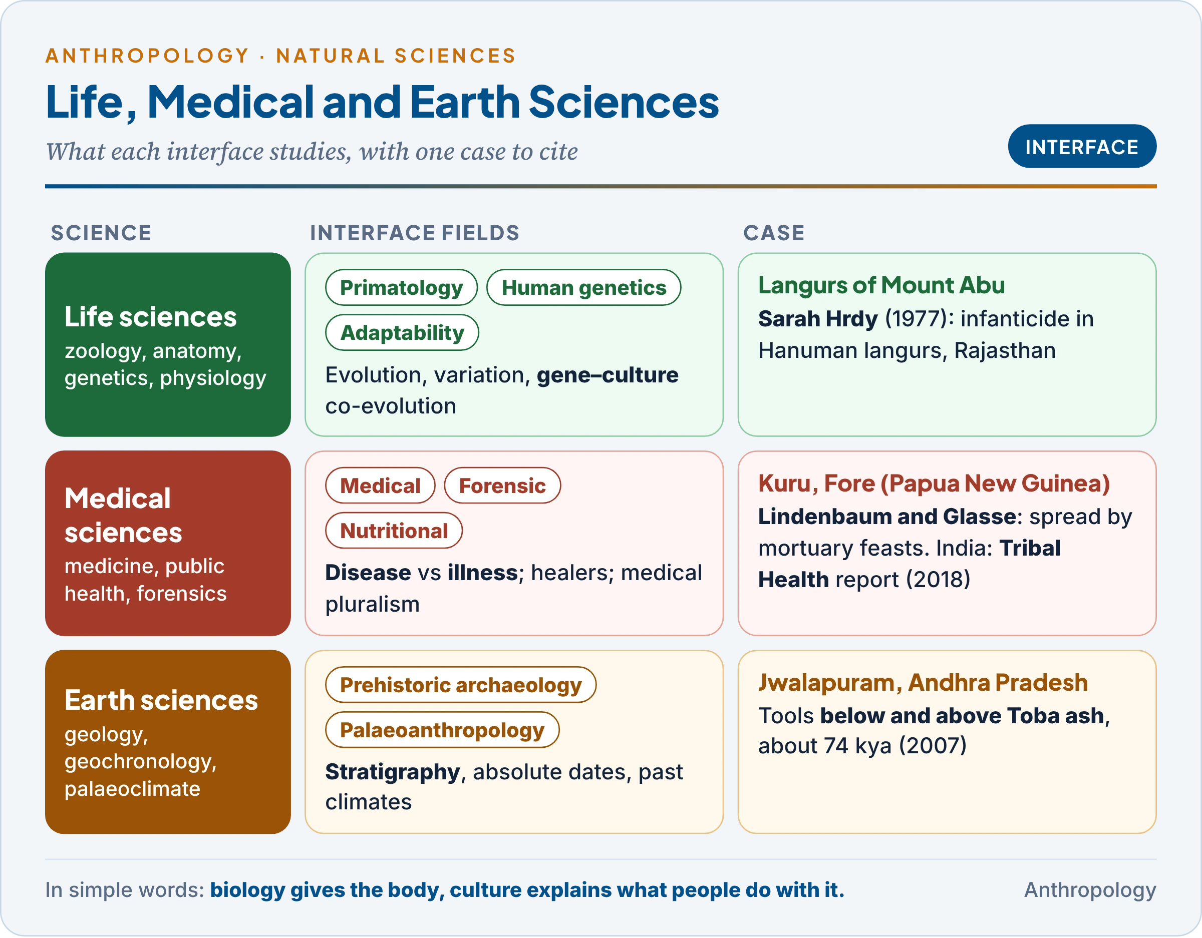 Anthropology and the natural sciences: life, medical and earth sciences, each with its interface fields, its core questions and an Indian case