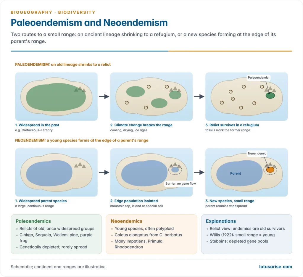 Two pathways to endemism: a once widespread ancestor shrinking to relict patches as a paleoendemic, and a widespread species giving rise to a new local species at the edge of its range as a neoendemic