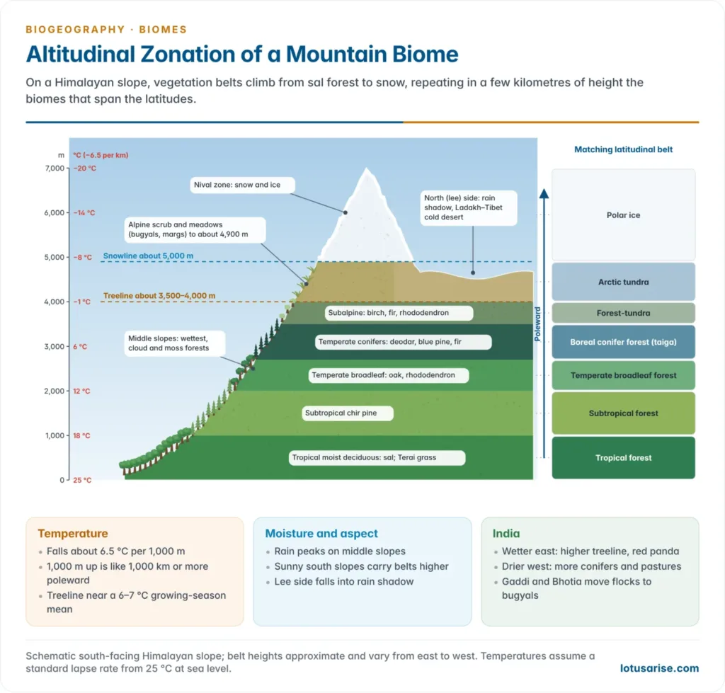 Altitudinal zonation of a Himalayan mountain from tropical sal forest in the foothills through subtropical pine, temperate broadleaf and conifer forest, subalpine birch and rhododendron to the treeline, alpine meadows and the nival zone, with temperature falling about 6.5 degrees Celsius per kilometre and a matching latitudinal sequence