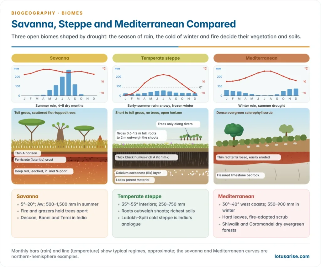 Comparison of the savanna, temperate steppe and Mediterranean biomes, each with a vegetation profile, a soil column and a monthly rainfall and temperature regime, showing summer rain in the savanna, a cold winter and summer rain in the steppe, and winter rain with summer drought in the Mediterranean