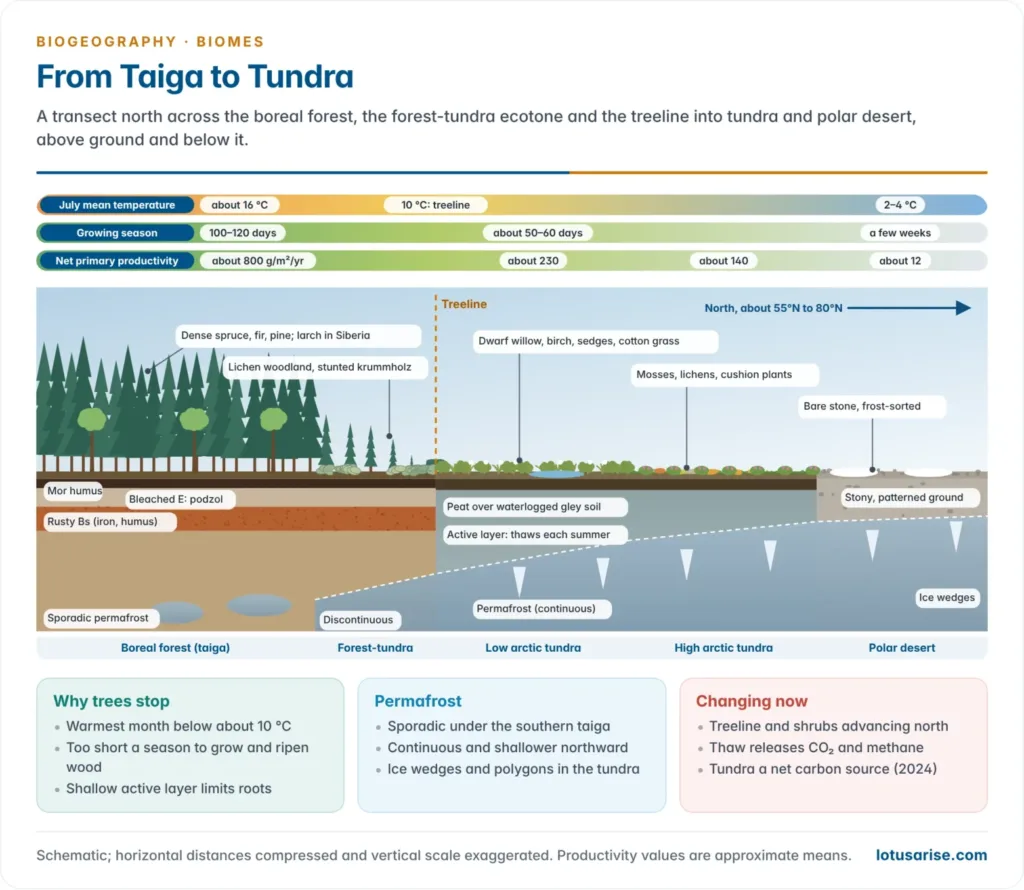Transect from the boreal forest through the forest-tundra ecotone and treeline to low and high arctic tundra and polar desert, showing tree height, the depth of the active layer and permafrost, podzols under the taiga and gleyed peaty soils under the tundra