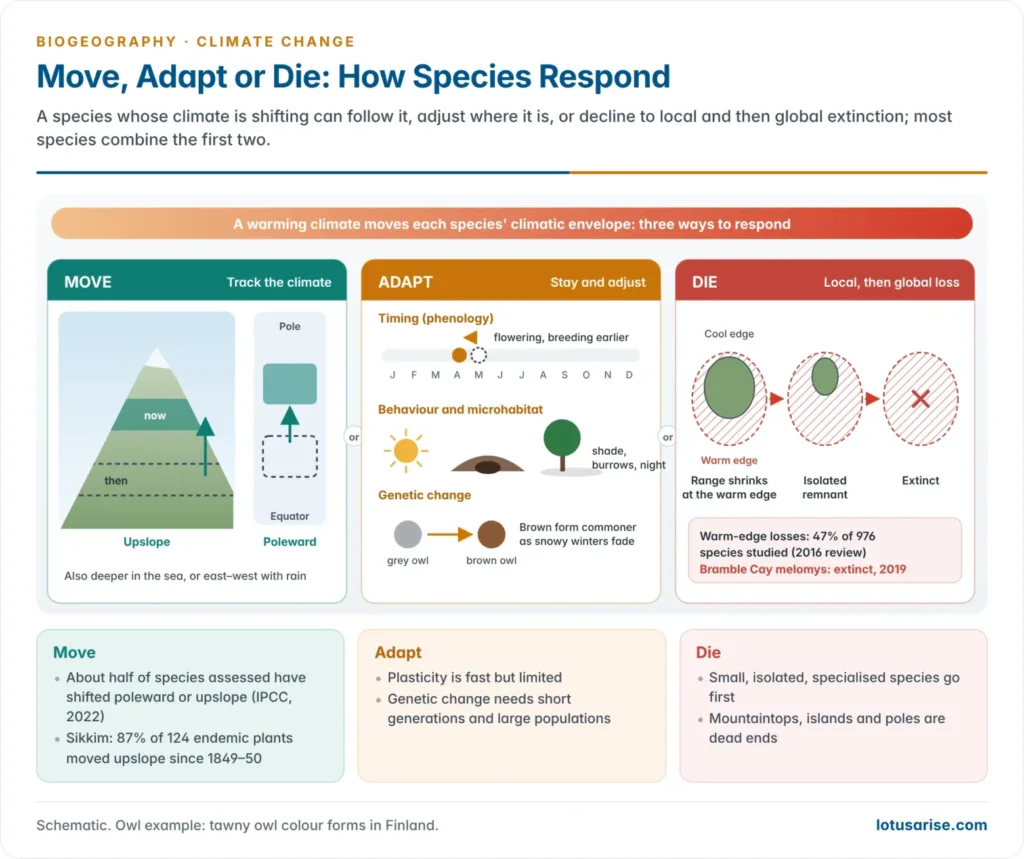 Three responses of a species to a warming climate: moving its range poleward and upslope, adapting in place through timing, behaviour and genetic change, or dying out first at the warm edge and then globally