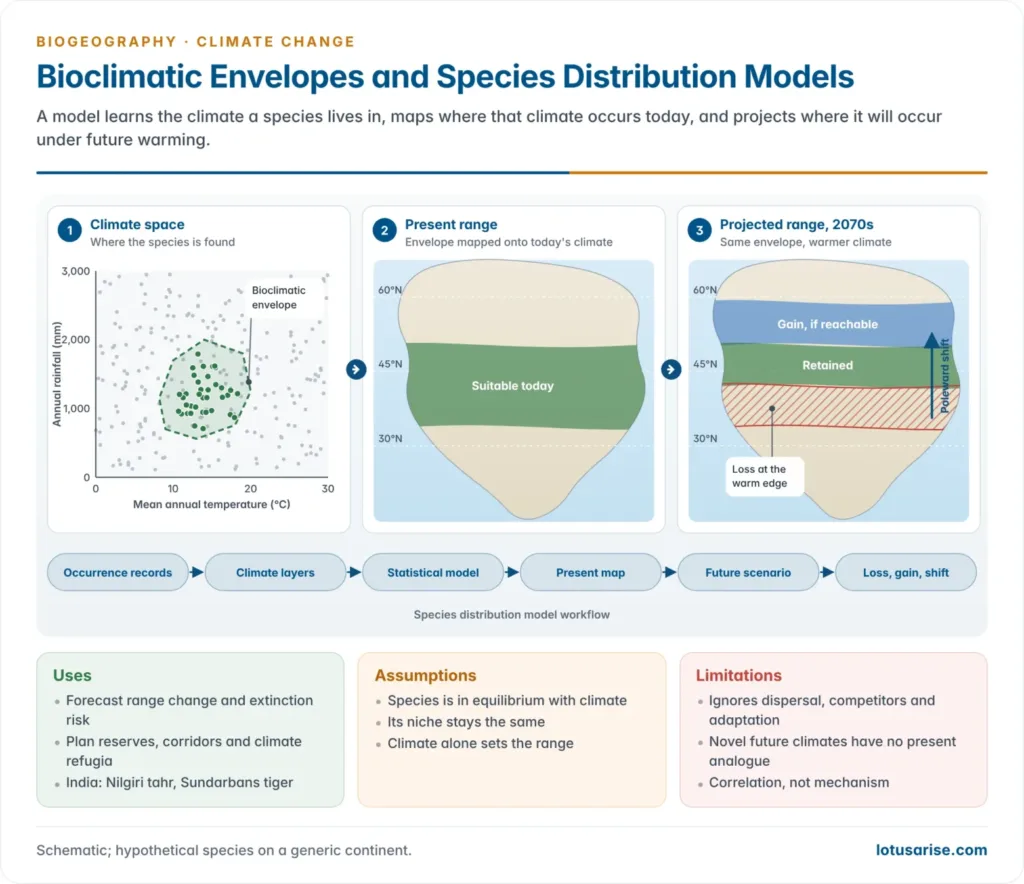 A species distribution model: occurrence points plotted in climate space define a bioclimatic envelope of temperature and rainfall, which is mapped as present suitable range and then projected onto a warmer future climate to show range loss, range gain and a poleward shift
