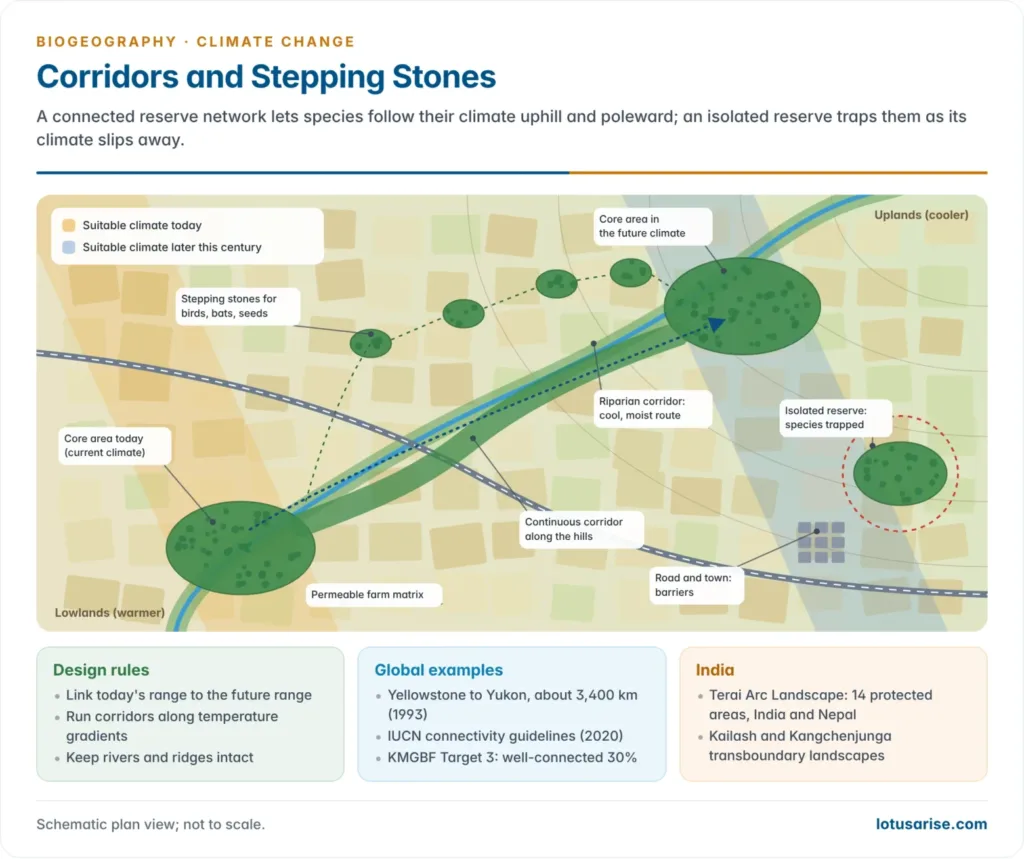 Plan view of a landscape where today's suitable climate zone moves toward the uplands, with core protected areas joined by a continuous corridor, stepping-stone patches, a riparian corridor and a permeable farm matrix, contrasted with an isolated reserve