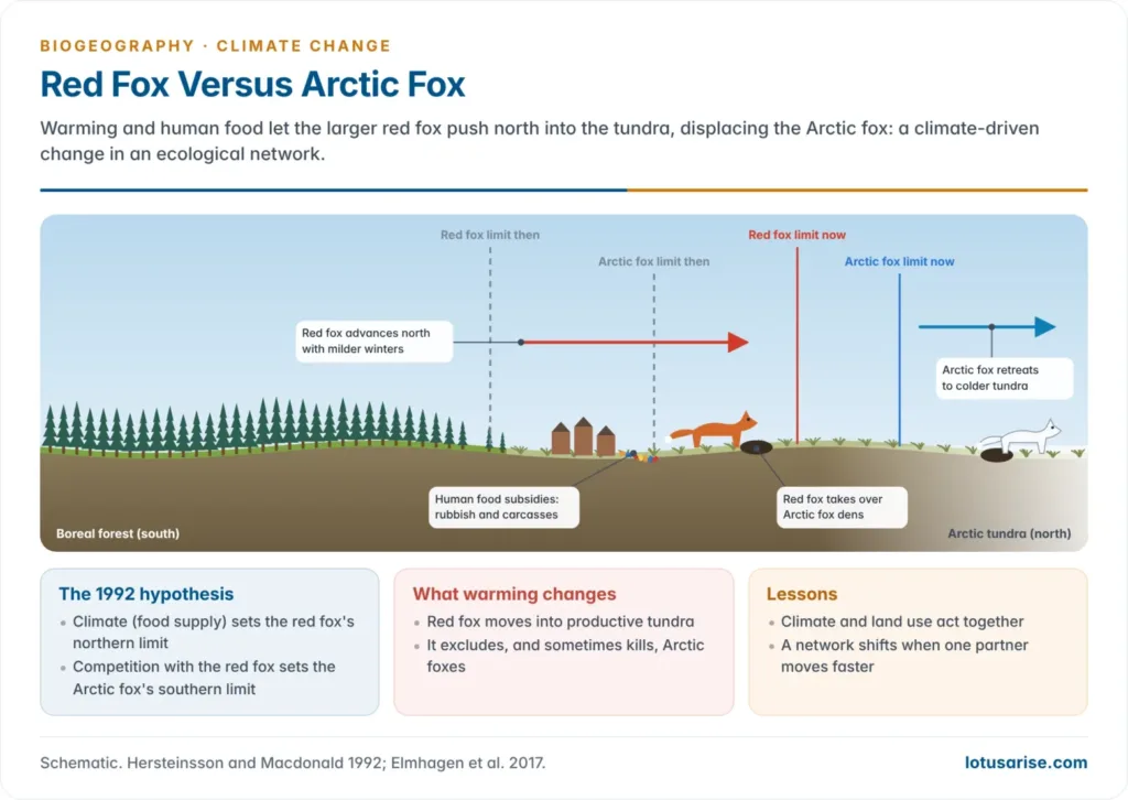 Arctic tundra and boreal forest edge showing the red fox advancing north with warming and human food subsidies, displacing the Arctic fox from dens, with the old and new limits of both species