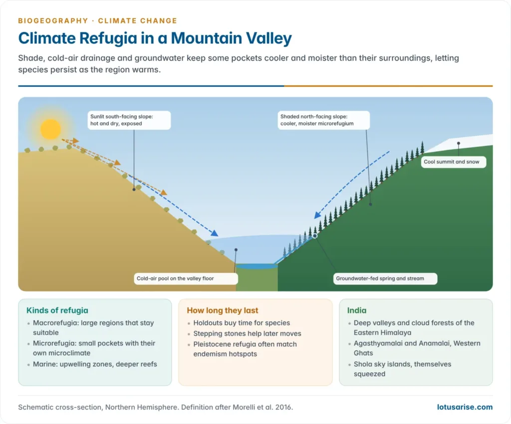 Cross-section of a mountain valley showing climate microrefugia: a shaded north-facing slope, cold-air pool on the valley floor, groundwater-fed stream and spring, and a cool summit, beside an exposed warm south-facing slope