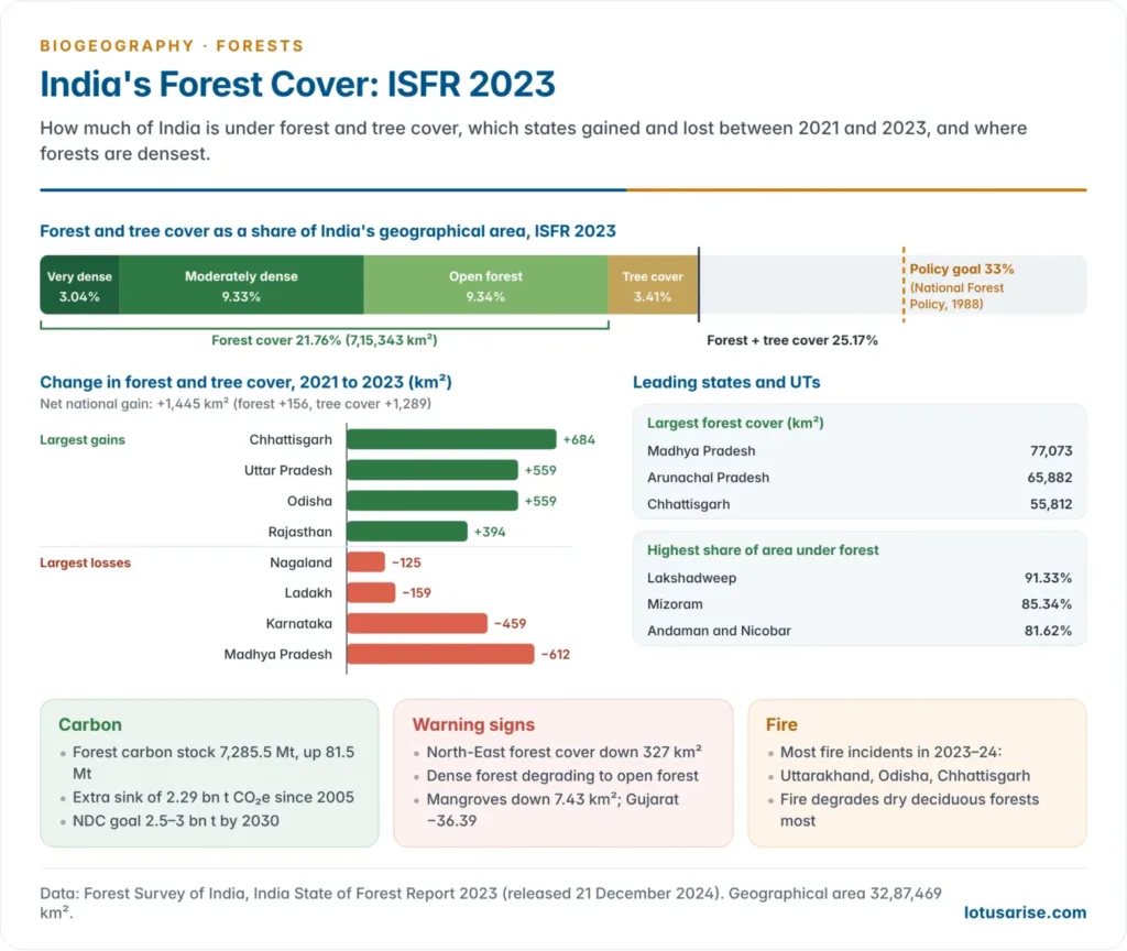 Bar charts of India's forest and tree cover by density class against the 33 percent policy goal, the states with the largest gains and losses between 2021 and 2023, and the leading states, from the India State of Forest Report 2023