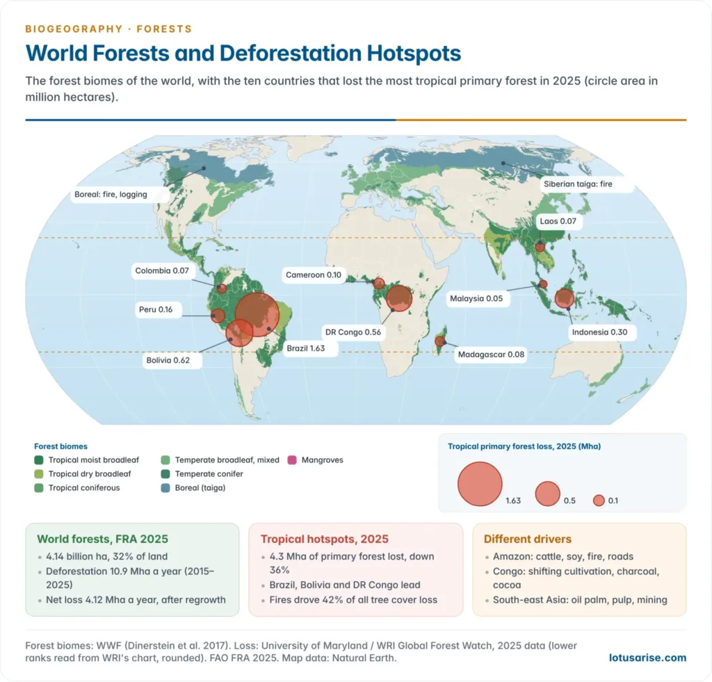 World map of forest biomes from WWF ecoregion data, with proportional circles for the ten countries that lost the most tropical primary forest in 2025, led by Brazil, Bolivia and the Democratic Republic of the Congo
