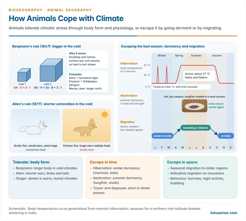 How animals cope with climate: Bergmann's rule and Allen's rule compared in cold and hot climates, and hibernation, aestivation and migration across the seasons