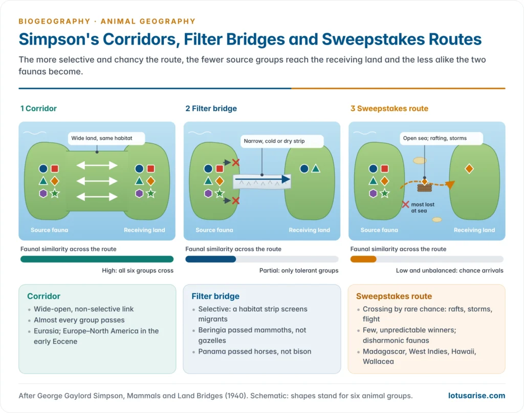Simpson's three routes: a wide corridor letting almost all animals pass, a narrow filter bridge letting only some through, and a sweepstakes route across open sea that only a rare rafting animal crosses