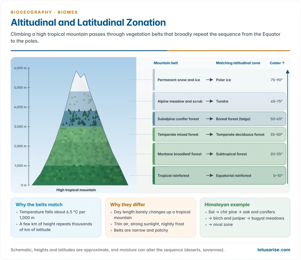 Altitude and latitude zonation compared: vegetation belts on a high tropical mountain from rainforest to snow, matched with the latitudinal sequence from equatorial forest to tundra and ice
