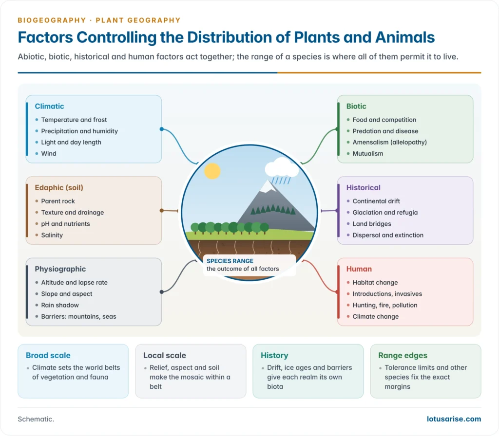 Web of factors controlling the distribution of plants and animals: climatic, edaphic, physiographic, biotic, historical and human factors around the species range, with examples of each