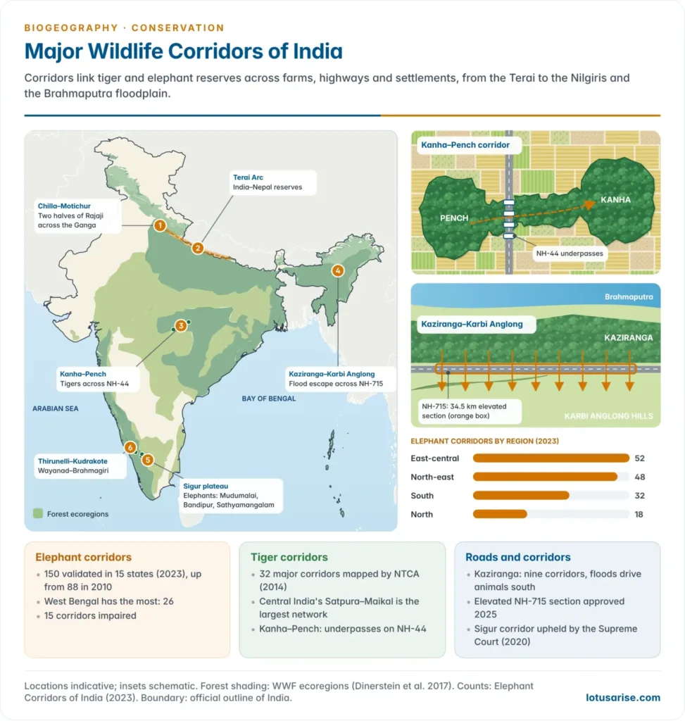 Map of India showing major wildlife corridors including Kanha–Pench across NH-44, Kaziranga–Karbi Anglong across NH-715, the Sigur plateau, Thirunelli–Kudrakote, Chilla–Motichur and the Terai Arc, with elephant corridors by region