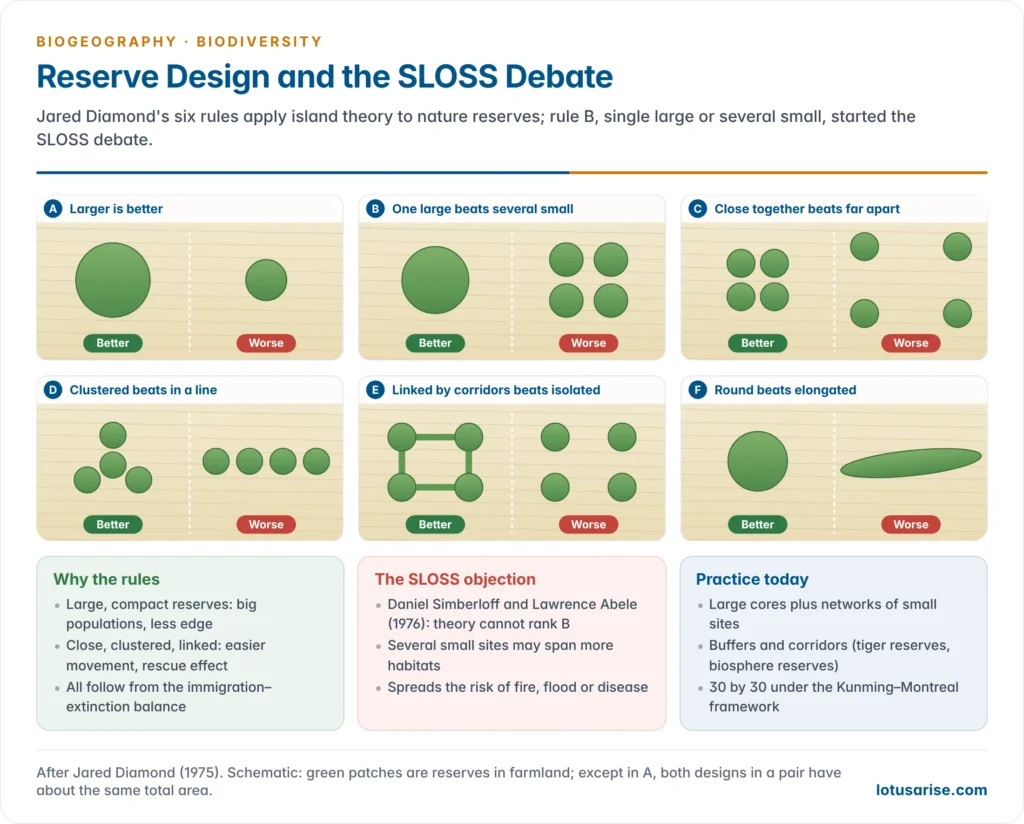 Diamond's reserve design principles shown as better and worse pairs: larger versus smaller, one large versus several small, close versus far apart, clustered versus linear, linked by corridors versus isolated, and round versus elongated