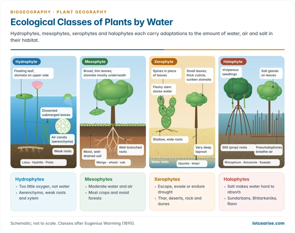 Four plant types side by side, a hydrophyte, a mesophyte, a xerophyte and a halophyte, each drawn in its habitat with labels for aerenchyma, broad leaves, deep roots and spines, pneumatophores and stilt roots