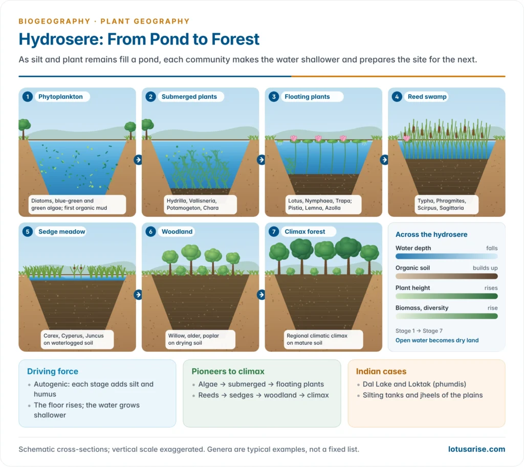 Seven cross-sections of a pond filling in over time, from phytoplankton in open water through submerged plants, floating-leaved plants, reed swamp, sedge meadow and woodland to climax forest on dry land, with the lake floor rising at each stage