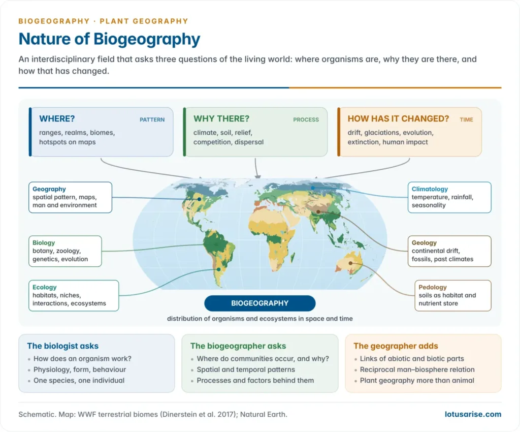 Biogeography at the meeting point of geography, biology, ecology, geology and climatology, organised around three questions: where organisms live, why they live there and how their distribution has changed