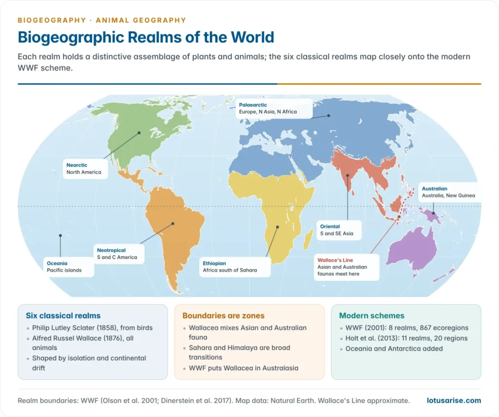 World map of the biogeographic realms, with the six classical realms of Sclater and Wallace labelled and Wallacea shown as a transition zone
