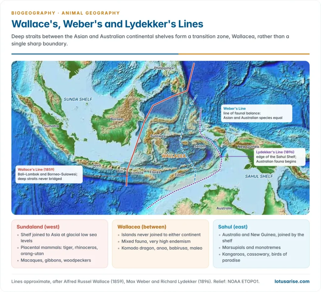 Map of the Malay Archipelago showing the Sunda and Sahul shelves, Wallace's Line between Bali and Lombok and between Borneo and Sulawesi, Weber's Line and Lydekker's Line, with Wallacea between them