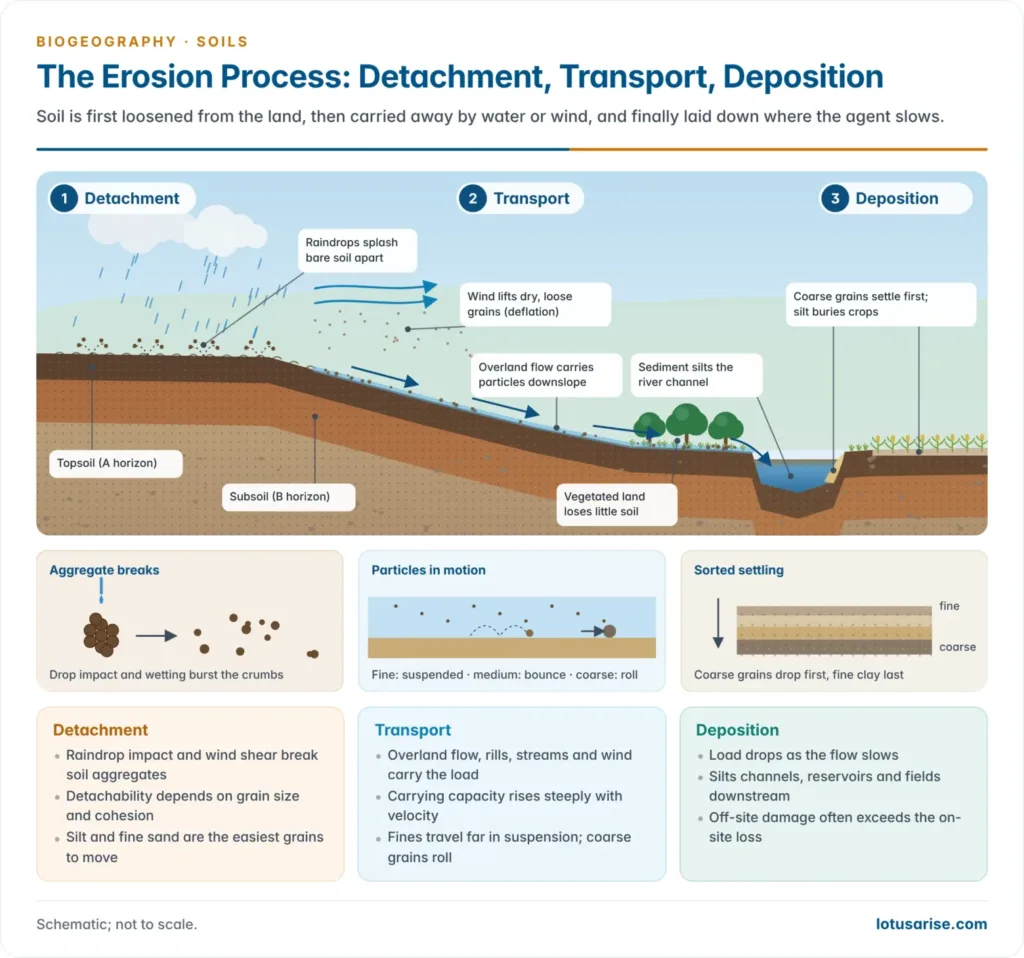 Three-stage sequence of soil erosion: raindrop impact and wind detaching soil particles, running water and wind transporting them downslope or downwind, and deposition of the sediment in a river channel and on fields
