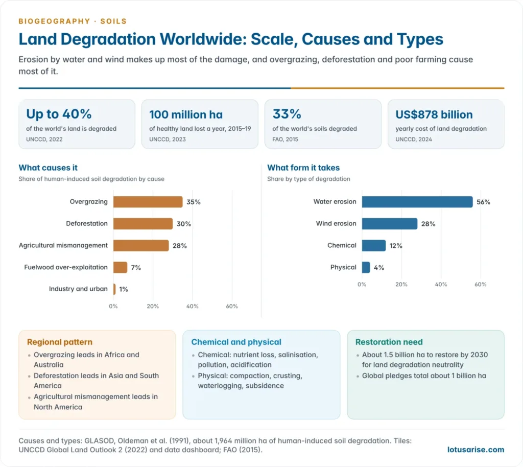 Global land degradation shown as bars of its human causes, overgrazing, deforestation, agricultural mismanagement, fuelwood over-exploitation and industry, and of its types, water erosion, wind erosion, chemical and physical degradation, with current global figures