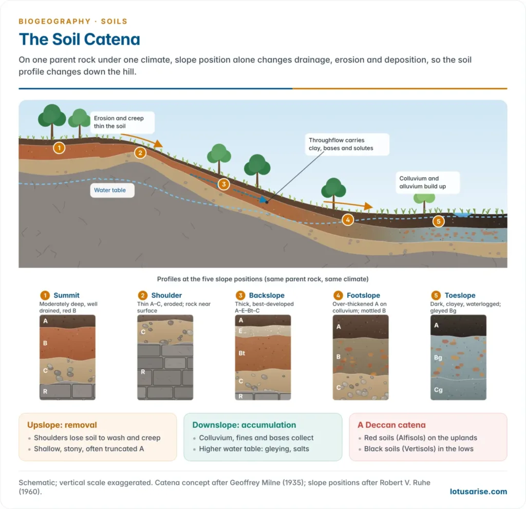 Hillslope cross-section of a soil catena from a summit through shoulder, backslope and footslope to a waterlogged toeslope, with a small soil profile at each position showing thinning, deepening and gleying of horizons