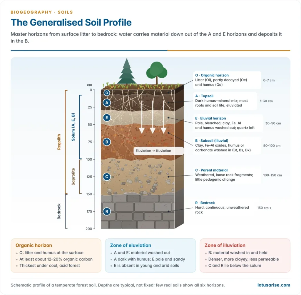 Generalised soil profile from surface litter to bedrock showing O, A, E, B, C and R horizons with typical depths, roots, the eluviation and illuviation arrows and the solum and regolith brackets